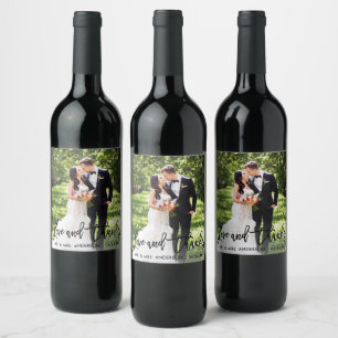 Wedding Modern Brush Script Love and Thanks Photo Wine Label