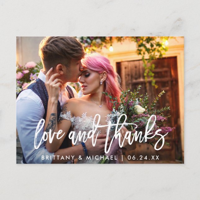 Wedding Modern Brush Script Love Thanks Photo Postcard (Front)