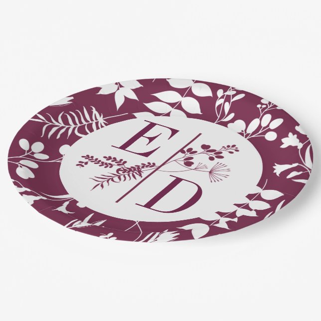 Wedding Modern Burgundy Initials  Paper Plate (Angled)