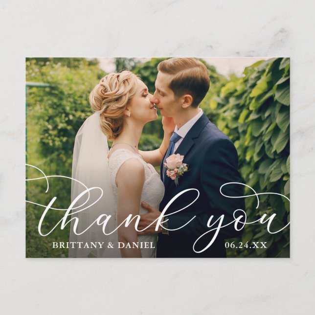 Wedding Modern Calligraphy Couple Photo Thank You Postcard (Front)