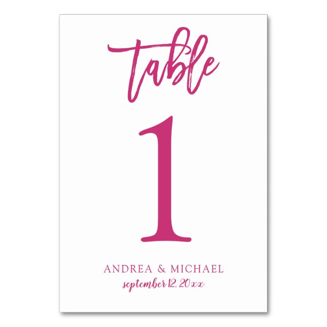 Wedding Modern Casual | Brush Script (Magenta) 1 Table Number (Front)