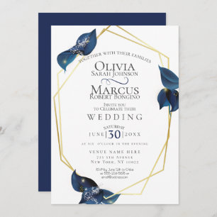 Wedding   Modern Deep Indigo Blue and Gold Invitation