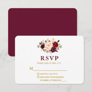 Wedding Modern Elegant Burgundy Floral Gold RSVP Card