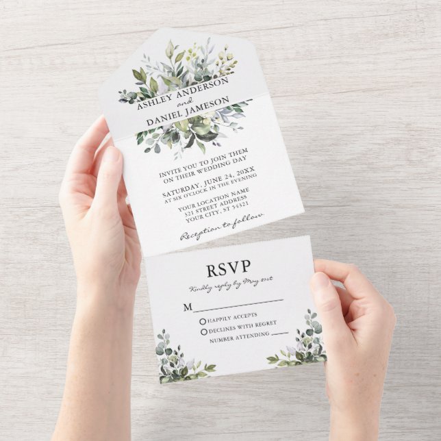Wedding Modern Elegant Watercolor Greenery All In One Invitation (Tearaway)