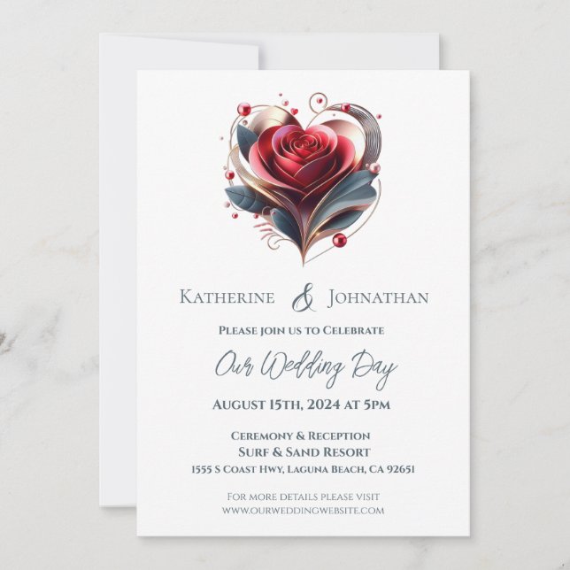 Wedding Modern Heart Shaped Rose  Invitation (Front)