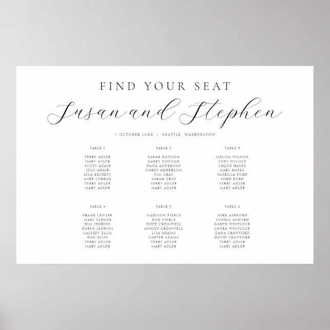 Wedding Modern Minimal Six Table Seating Chart (Front)
