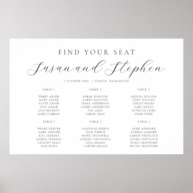Wedding Modern Minimal Six Table Seating Chart (Front)