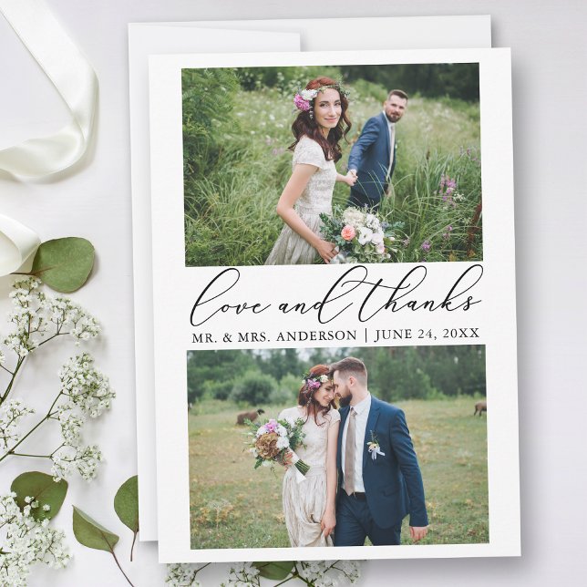 Wedding Modern Minimalist Calligraphy 2 Photo Love Thank You Card (Customize to add text or more photos to back of card.)
