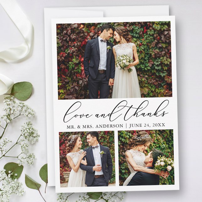 Wedding Modern Minimalist Calligraphy 3 Photo Love Thank You Card (Customize to add text or more photos to back of card.)