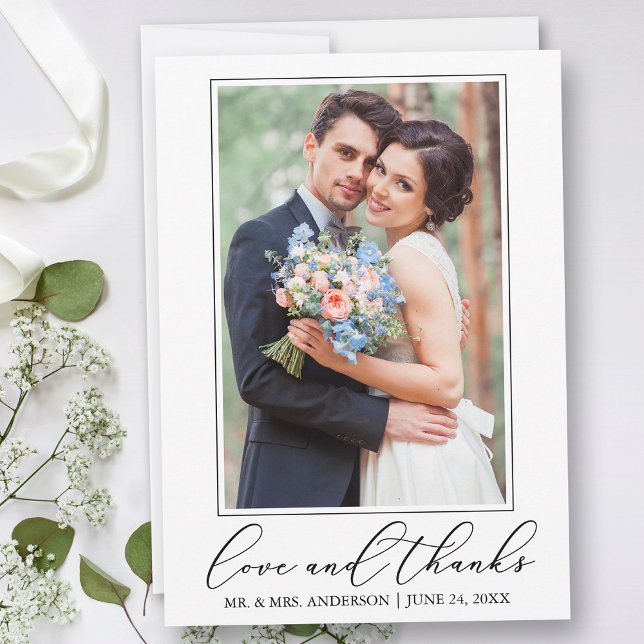 Wedding Modern Minimalist Calligraphy Love Photo Thank You Card (Customize to add text or more photos to back of card.)