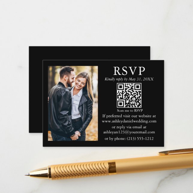 Wedding Modern Minimalist Photo Black QR RSVP Enclosure Card (Front/Back In Situ)