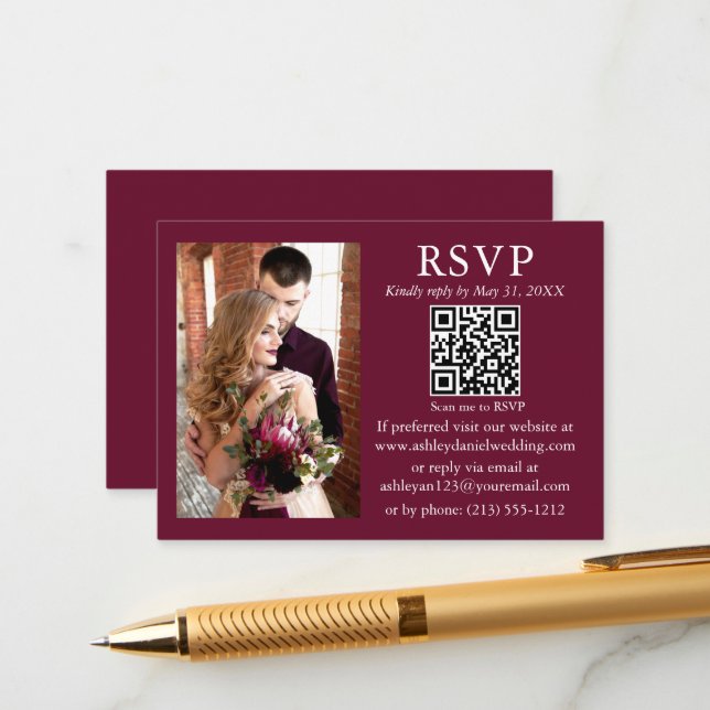 Wedding Modern Minimalist Photo Burgundy QR RSVP Enclosure Card (Front/Back In Situ)