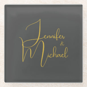 Wedding Modern Minimalist Plain Calligraphy Name Glass Coaster