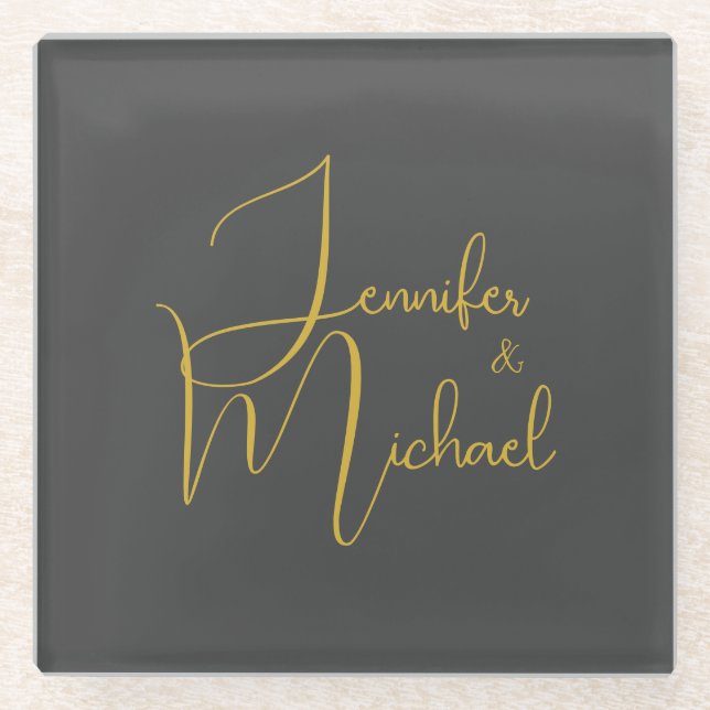 Wedding Modern Minimalist Plain Calligraphy Name Glass Coaster (Front)