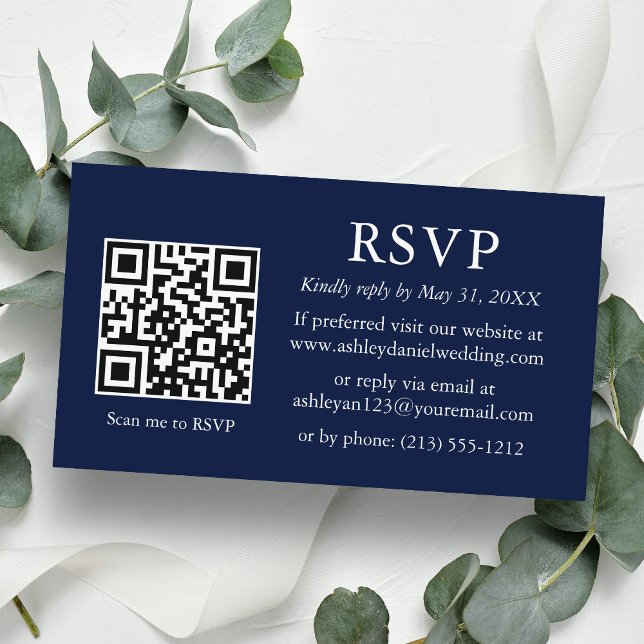 Wedding Modern Minimalist QR Blue RSVP Enclosure Card (Customize to change text style, size, background color or add more text or a photo to back of card.)
