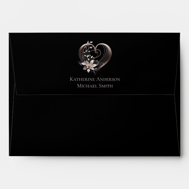 Wedding-Modern Pink Heart with Flowers Envelope (Back (Top Flap))