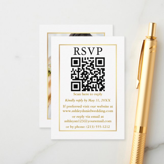 Wedding Modern QR Photo Gold Frame White QR Enclosure Card (Front/Back In Situ)
