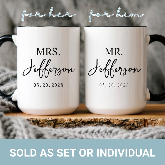 Wedding | Modern Script Mr & Mrs Newlyweds Custom Mug (Custom Elegant Script Mr & Mrs | Wifey & Hubby | Bride & Groom | Newlyweds | Engagement Coffee Mug)