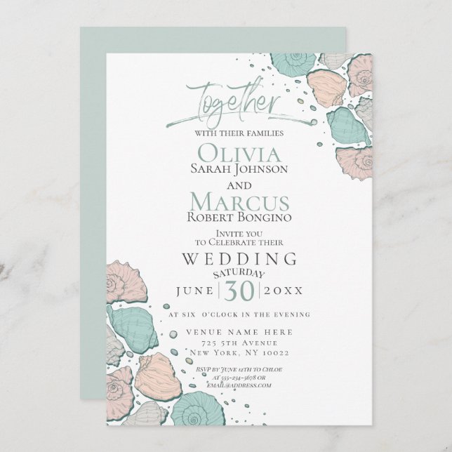 Wedding | Modern Seashells Coral Teal Green Invitation (Front/Back)