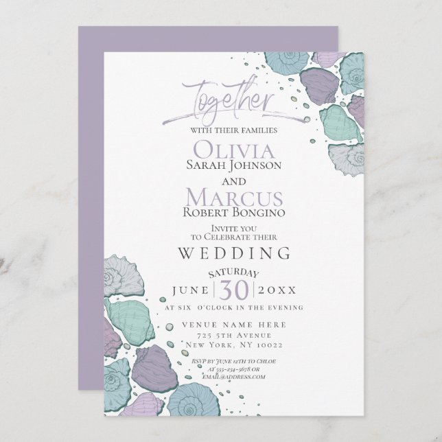 Wedding | Modern Seashells Violet Dusty Blue Invitation (Front/Back)