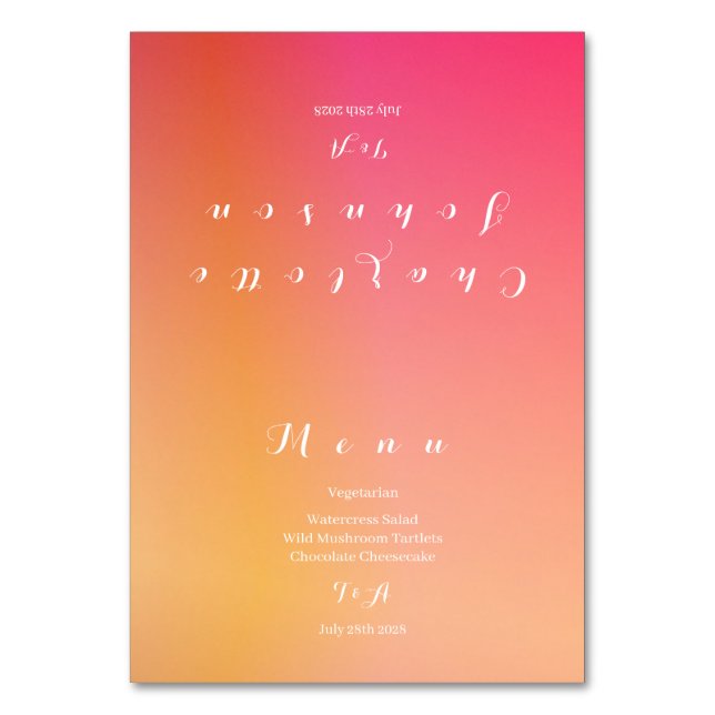 Wedding Modern Sunset Ombre Name Menu Table Number (Front)