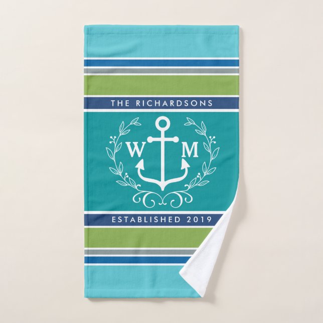 Wedding Monogram Anchor Laurel Wreath Aqua Stripes Hand Towel (Hand Towel)