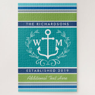 Wedding Monogram Anchor Laurel Wreath Aqua Stripes Jigsaw Puzzle