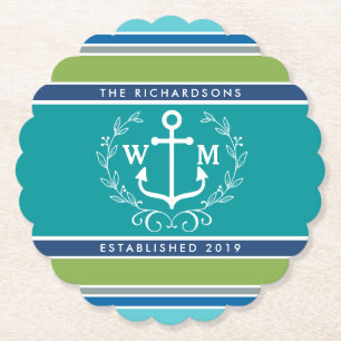 Wedding Monogram Anchor Laurel Wreath Aqua Stripes Paper Coaster