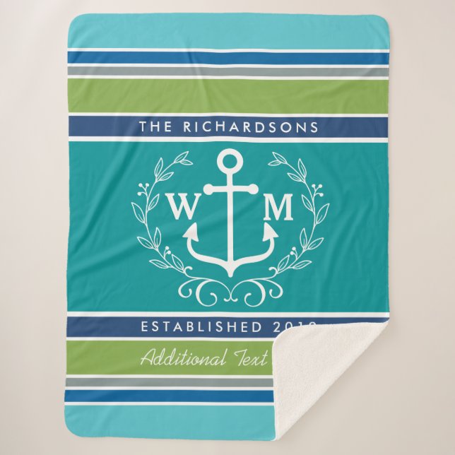 Wedding Monogram Anchor Laurel Wreath Aqua Stripes Sherpa Blanket (Front)