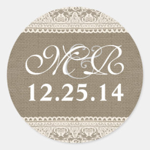 wedding monogram and date burlap lace stickers