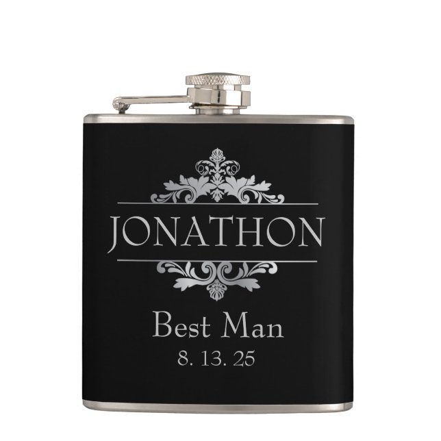 Wedding Monogram Best Man Dated Groomsmen Flask (Front)