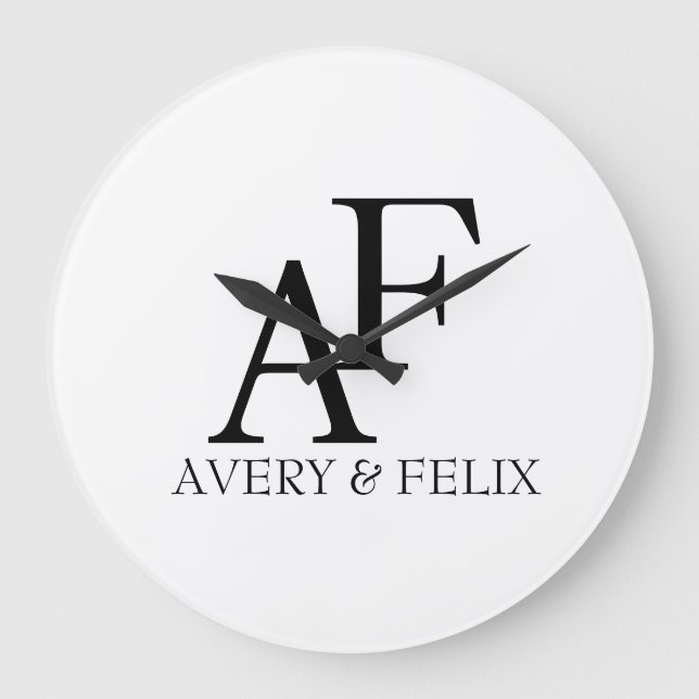 Wedding Monogram Black and White Elegant Guest Large Clock (Front)