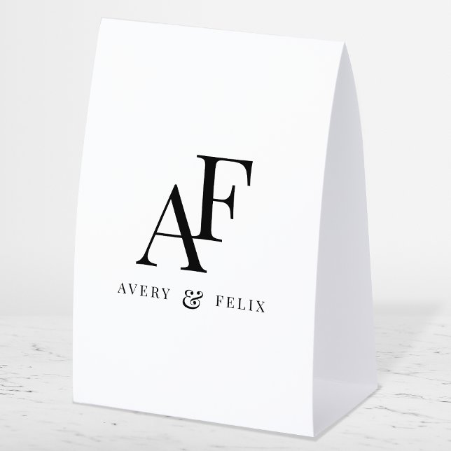 Wedding Monogram Black and White Elegant Simple (Elegant black & white editable paper table tent monogram wedding sign.)