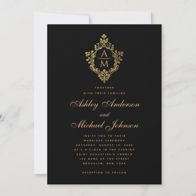 Wedding Monogram Black Faux Gold Vintage Crest  Invitation (Front)