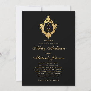 Wedding Monogram Black Faux Gold Vintage Crest  Invitation