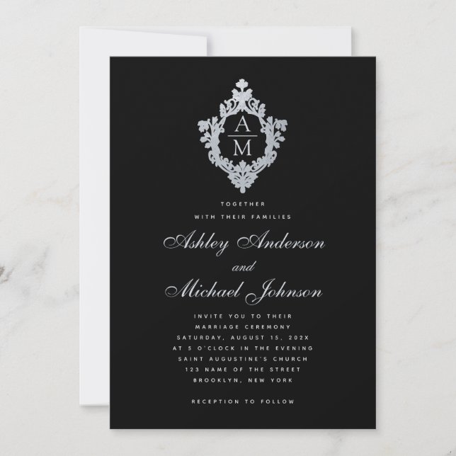 Wedding Monogram Black Vintage Crest Calligraphy  Invitation (Front)