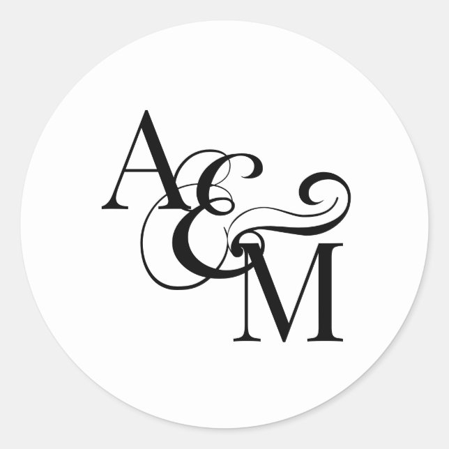Wedding Monogram Black White Simple Elegant Classic Round Sticker (Front)