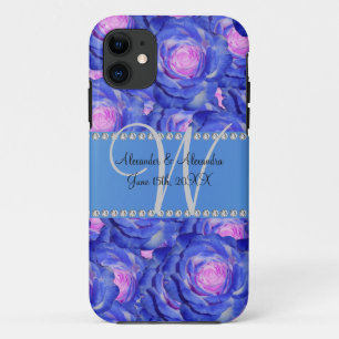 Wedding monogram blue roses iPhone 11 case