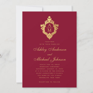 Wedding Monogram Burgundy Faux Gold Vintage Crest  Invitation