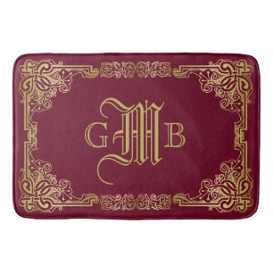 Wedding Monogram Classic Gold Frame Burgundy Bath Mat