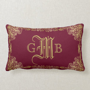 Wedding Monogram Classic Gold Frame Burgundy Lumbar Cushion