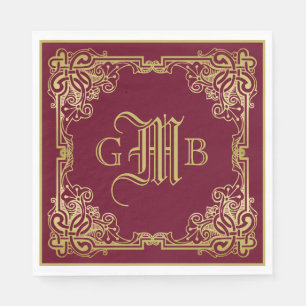 Wedding Monogram Classic Gold Frame Burgundy Napkin