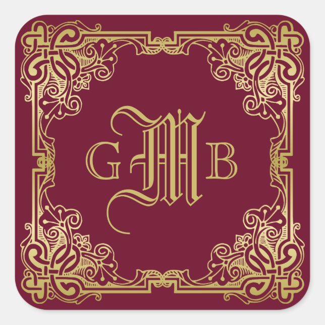 Wedding Monogram Classic Gold Frame Burgundy Square Sticker (Front)