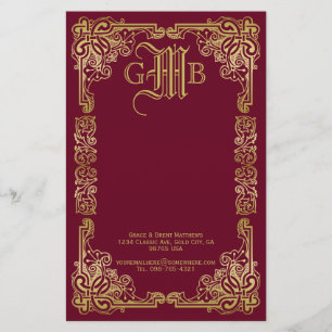 Wedding Monogram Classic Gold Frame Burgundy Stationery