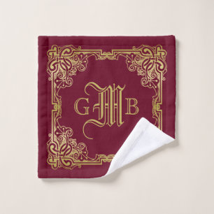 Wedding Monogram Classic Gold Frame Burgundy Wash Cloth