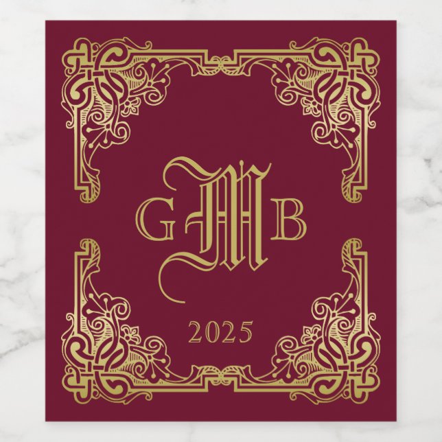 Wedding Monogram Classic Gold Frame Burgundy Wine Label (Single Label)