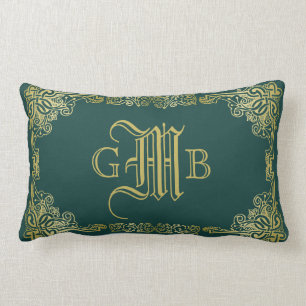 Wedding Monogram Classic Gold Frame Dark Green Lumbar Cushion