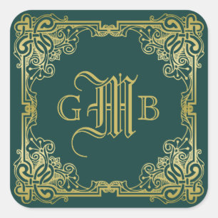 Wedding Monogram Classic Gold Frame Dark Green Square Sticker