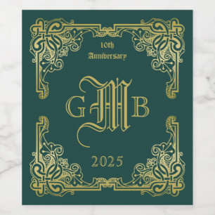 Wedding Monogram Classic Gold Frame Dark Green Wine Label