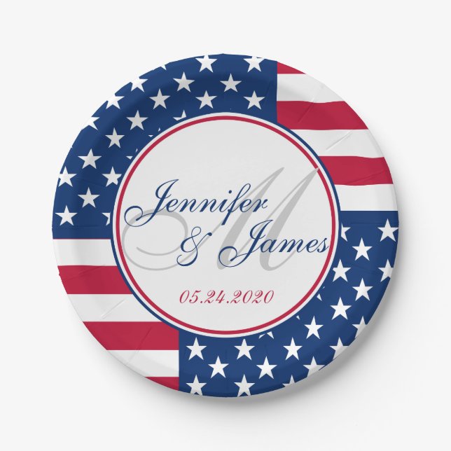 Wedding Monogram Custom USA American Flag Paper Plate (Front)